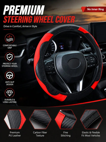 1pc 15-Inch Carbon Fiber Microfiber Leather Steering Wheel Cover, Anti-Slip Breathable Car Interior Accessory, Fits Most Cars And SUVs, Car Accessories For Women And Girls