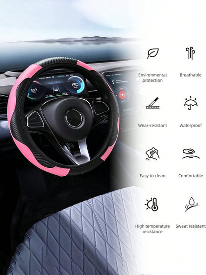 1pc 15-Inch Carbon Fiber Microfiber Leather Steering Wheel Cover, Anti-Slip Breathable Car Interior Accessory, Fits Most Cars And SUVs, Car Accessories For Women And Girls