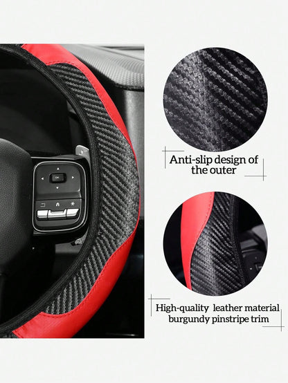 1pc 15-Inch Carbon Fiber Microfiber Leather Steering Wheel Cover, Anti-Slip Breathable Car Interior Accessory, Fits Most Cars And SUVs, Car Accessories For Women And Girls