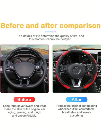 1pc 15-Inch Carbon Fiber Microfiber Leather Steering Wheel Cover, Anti-Slip Breathable Car Interior Accessory, Fits Most Cars And SUVs, Car Accessories For Women And Girls