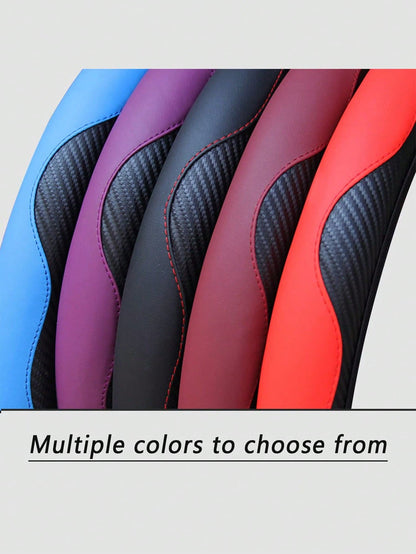 1pc 15-Inch Carbon Fiber Microfiber Leather Steering Wheel Cover, Anti-Slip Breathable Car Interior Accessory, Fits Most Cars And SUVs, Car Accessories For Women And Girls
