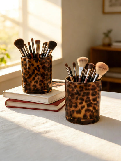1pc/2pcs/3pcs Vintage Leopard Print Glass Storage Jars, Makeup Brush Holder, Lipstick & Eyeliner Pen Organizer, Desktop Decor, Holiday & Housewarming Gift, Aesthetic Home