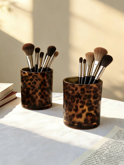 1pc/2pcs/3pcs Vintage Leopard Print Glass Storage Jars, Makeup Brush Holder, Lipstick & Eyeliner Pen Organizer, Desktop Decor, Holiday & Housewarming Gift, Aesthetic Home