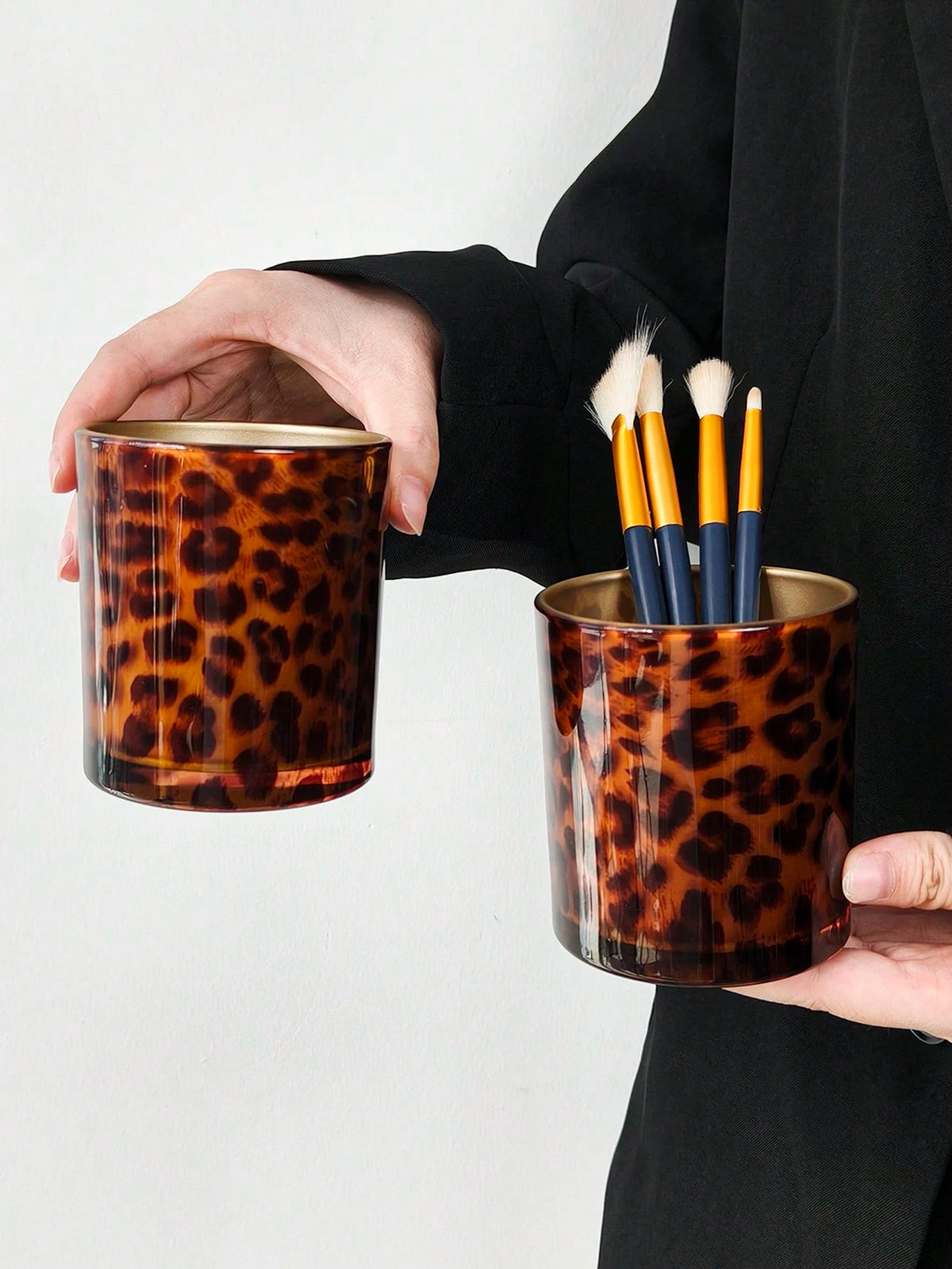 1pc/2pcs/3pcs Vintage Leopard Print Glass Storage Jars, Makeup Brush Holder, Lipstick & Eyeliner Pen Organizer, Desktop Decor, Holiday & Housewarming Gift, Aesthetic Home