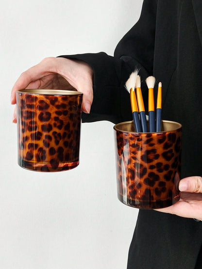 1pc/2pcs/3pcs Vintage Leopard Print Glass Storage Jars, Makeup Brush Holder, Lipstick & Eyeliner Pen Organizer, Desktop Decor, Holiday & Housewarming Gift, Aesthetic Home