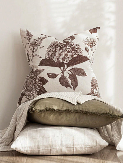 1pc/2pcs/4pcs Beige Vintage Brown Tone Sketch Hydrangea Floral Print Pillowcase, Wabi-Sabi Style Bedroom Decor| Living Room Decor| Room Decor, Polyester Durable Hard Fabric Single-Sided Print Cushio