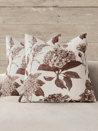 1pc/2pcs/4pcs Beige Vintage Brown Tone Sketch Hydrangea Floral Print Pillowcase, Wabi-Sabi Style Bedroom Decor| Living Room Decor| Room Decor, Polyester Durable Hard Fabric Single-Sided Print Cushio