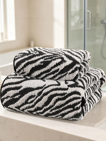1pc/2pcs Approx. 13*30in/28*55in Thickened Zebra Stripe Coral Fleece Face Towel And Bath Towel, Super Soft, Absorbent, Quick Drying, Suitable For Swimming, Spa, Home Bathroom Shower, Back To School