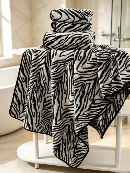 1pc/2pcs Approx. 13*30in/28*55in Thickened Zebra Stripe Coral Fleece Face Towel And Bath Towel, Super Soft, Absorbent, Quick Drying, Suitable For Swimming, Spa, Home Bathroom Shower, Back To School