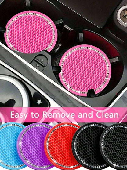 1pc/2pcs Cute Car Cup Holder Coasters, Shiny Bling Rhinestone Car Cup Holder Insert Coasters, 7cm Universal Anti-Slip Heat Resistant Silicone Round Car Drink Coasters, Car Cup Holder Decor, Car Interi