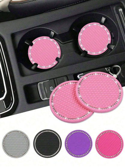 1pc/2pcs Cute Car Cup Holder Coasters, Shiny Bling Rhinestone Car Cup Holder Insert Coasters, 7cm Universal Anti-Slip Heat Resistant Silicone Round Car Drink Coasters, Car Cup Holder Decor, Car Interi