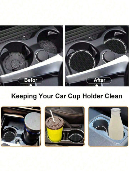 1pc/2pcs Cute Car Cup Holder Coasters, Shiny Bling Rhinestone Car Cup Holder Insert Coasters, 7cm Universal Anti-Slip Heat Resistant Silicone Round Car Drink Coasters, Car Cup Holder Decor, Car Interi