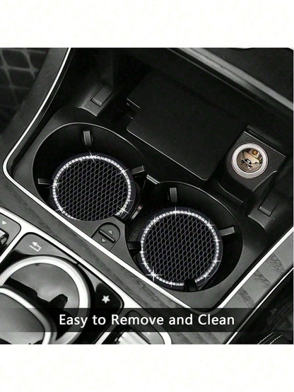 1pc/2pcs Cute Car Cup Holder Coasters, Shiny Bling Rhinestone Car Cup Holder Insert Coasters, 7cm Universal Anti-Slip Heat Resistant Silicone Round Car Drink Coasters, Car Cup Holder Decor, Car Interi