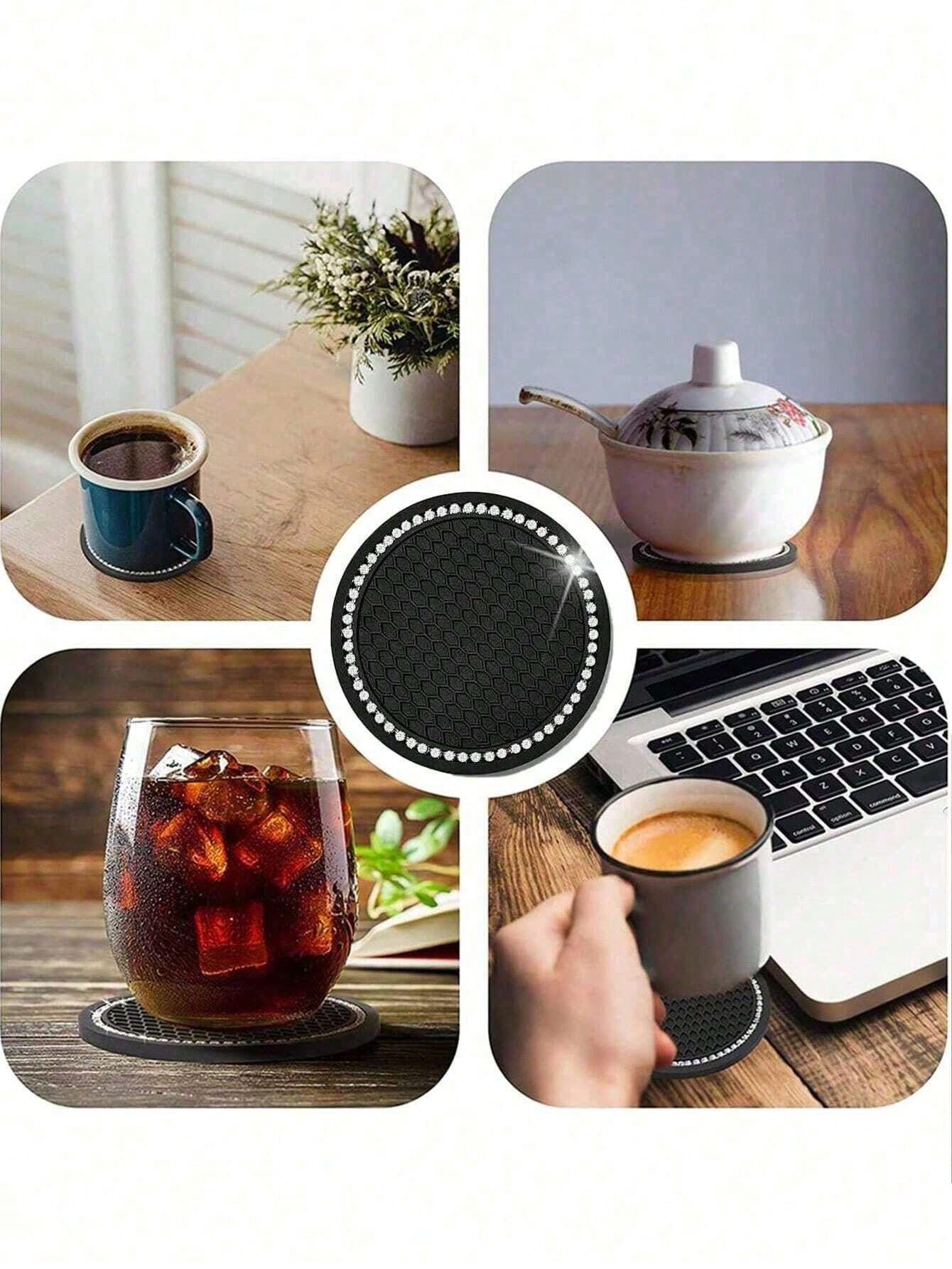 1pc/2pcs Cute Car Cup Holder Coasters, Shiny Bling Rhinestone Car Cup Holder Insert Coasters, 7cm Universal Anti-Slip Heat Resistant Silicone Round Car Drink Coasters, Car Cup Holder Decor, Car Interi