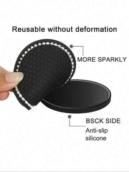 1pc/2pcs Cute Car Cup Holder Coasters, Shiny Bling Rhinestone Car Cup Holder Insert Coasters, 7cm Universal Anti-Slip Heat Resistant Silicone Round Car Drink Coasters, Car Cup Holder Decor, Car Interi