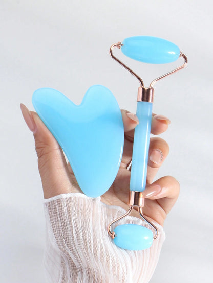 1pc/2pcs Face Beauty Massage Set, Dual Roller, Triangle Scraper Body Massage Tools Set, Light Blue,Beauty,Skin Care Products,Spa,Self Care,Skin Care Tools,Face Care,Esthetician Supplies,Massage,Face M