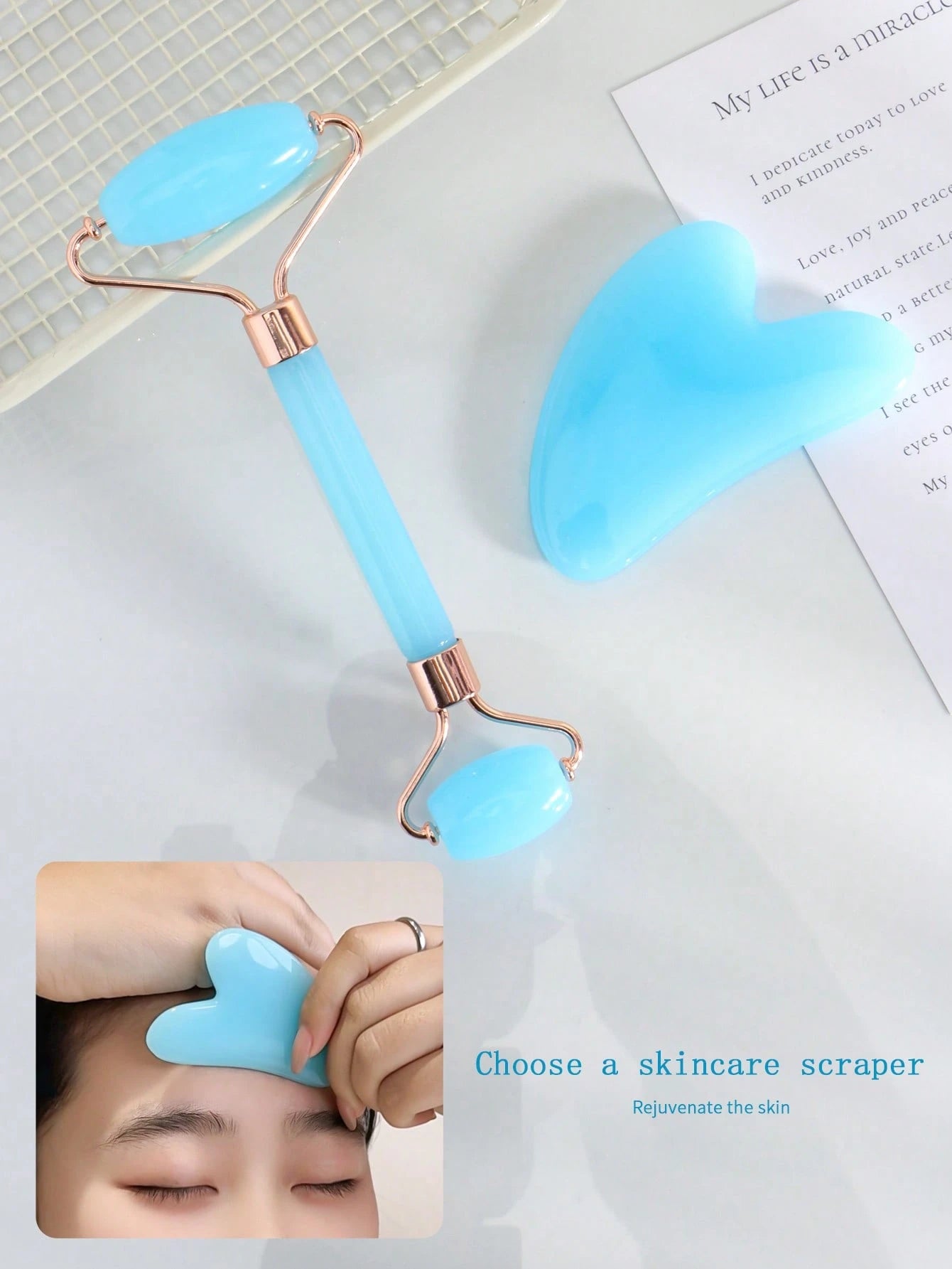 1pc/2pcs Face Beauty Massage Set, Dual Roller, Triangle Scraper Body Massage Tools Set, Light Blue,Beauty,Skin Care Products,Spa,Self Care,Skin Care Tools,Face Care,Esthetician Supplies,Massage,Face M
