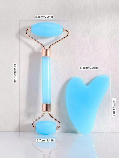 1pc&2pcs Facial Beauty Massage Set Dual-Head Roller Massager Triangular Gua Sha Scraper Body Massage Tool Set Light Blue
