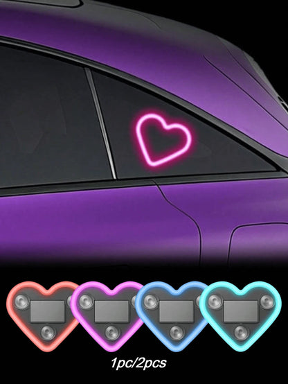 1pc/2pcs Solar Heart-Shaped Neon LED Car Rear Window Wireless Atmosphere Light Decoration, Best-Selling Car LED Window Glowing Heart-Shaped Atmosphere Light Solar Interior Neon Light USB Decoration, 3