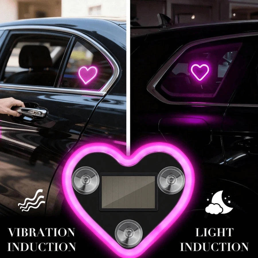 1pc/2pcs Solar Heart-Shaped Neon LED Car Rear Window Wireless Atmosphere Light Decoration, Best-Selling Car LED Window Glowing Heart-Shaped Atmosphere Light Solar Interior Neon Light USB Decoration, 3