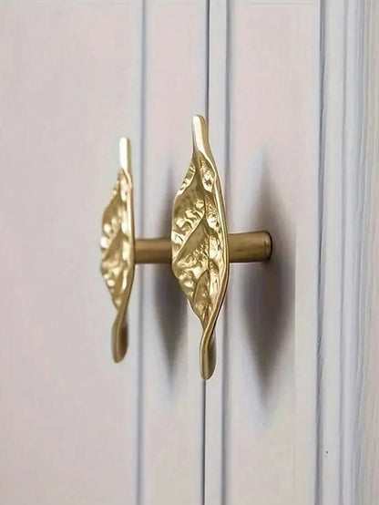1pc/2pcs Vintage Gold Leaf Cabinet Handles, Single Hole Nordic Style Furniture Knobs, Decorative Metal Drawer Pulls, Suitable For Kitchen Cabinet, Wardrobe Door Hardware