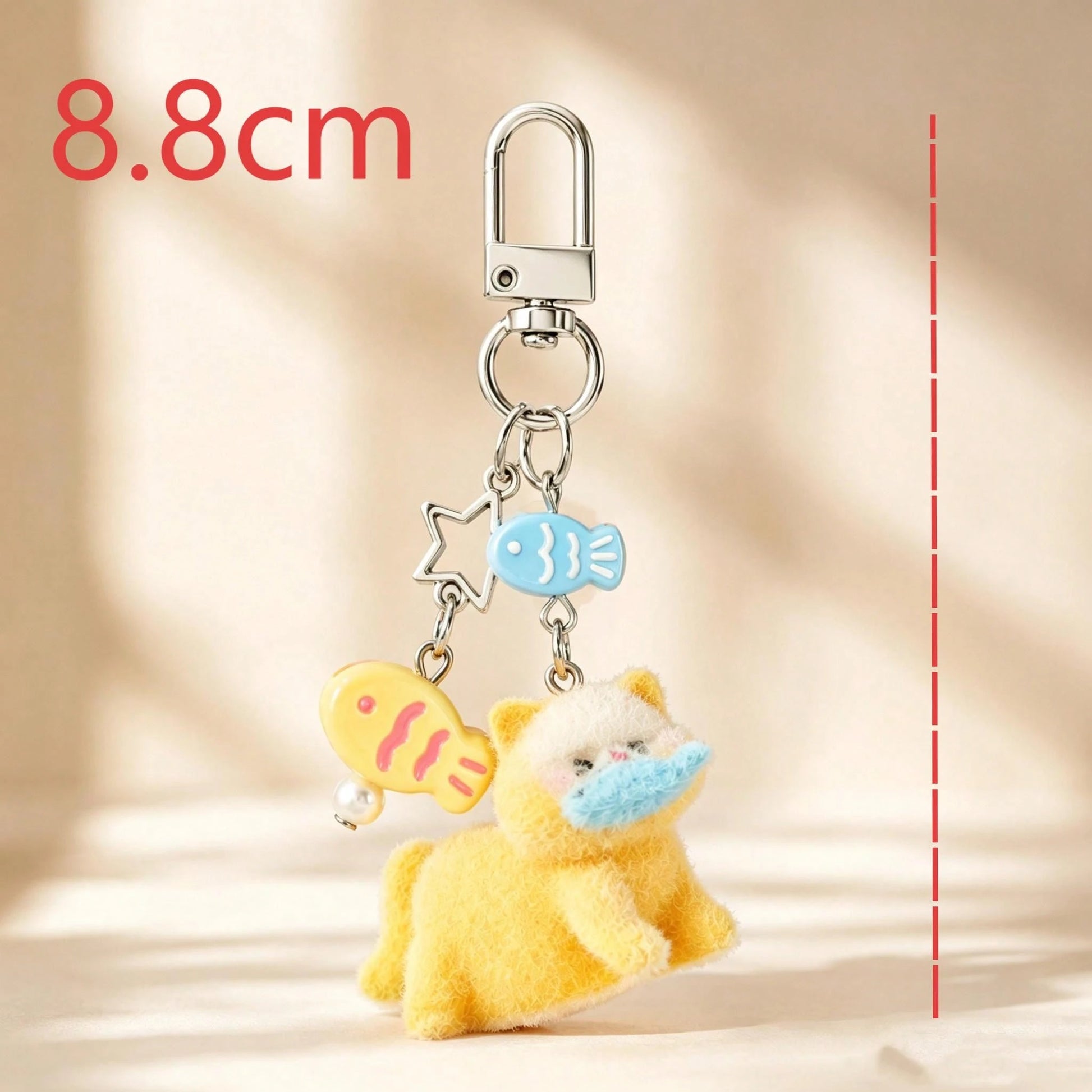 1pc/2pcs Women's Cartoon Flocked Cat With Fish Pendant, Beaded Fish Charm Keychain, Cute Bag Accessory