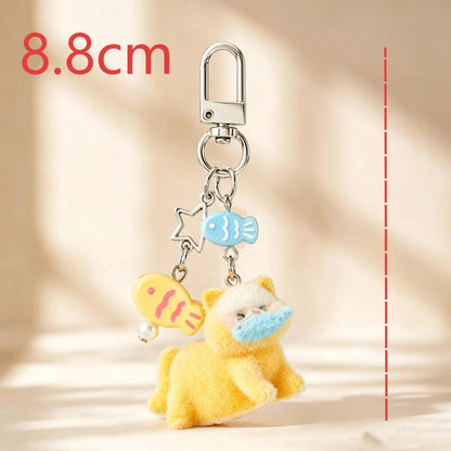 1pc/2pcs Women's Cartoon Flocked Cat With Fish Pendant, Beaded Fish Charm Keychain, Cute Bag Accessory