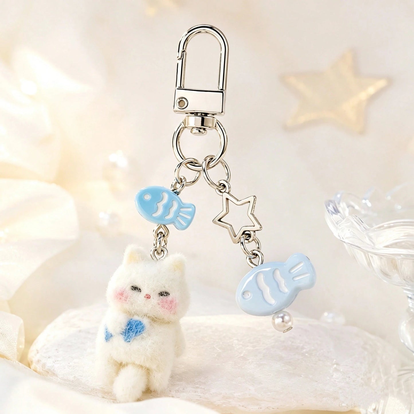 1pc/2pcs Women's Cartoon Flocked Cat With Fish Pendant, Beaded Fish Charm Keychain, Cute Bag Accessory