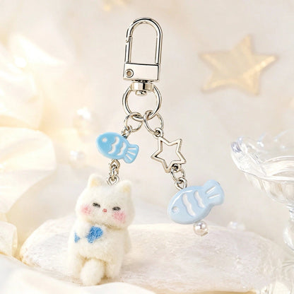 1pc/2pcs Women's Cartoon Flocked Cat With Fish Pendant, Beaded Fish Charm Keychain, Cute Bag Accessory