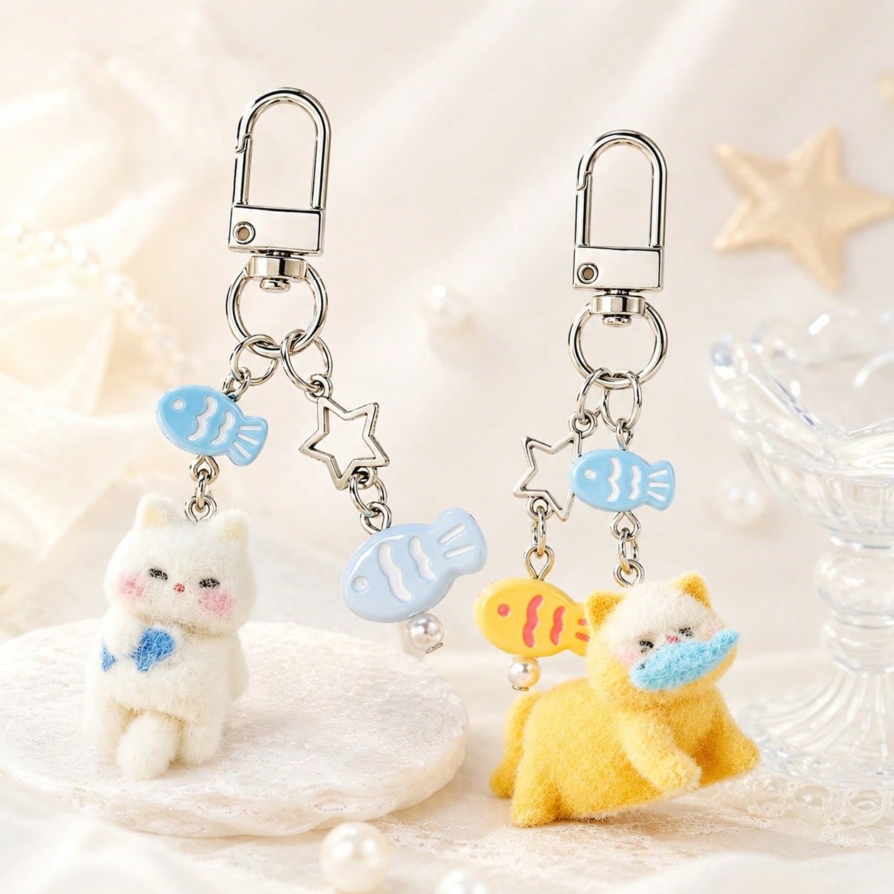 1pc/2pcs Women's Cartoon Flocked Cat With Fish Pendant, Beaded Fish Charm Keychain, Cute Bag Accessory