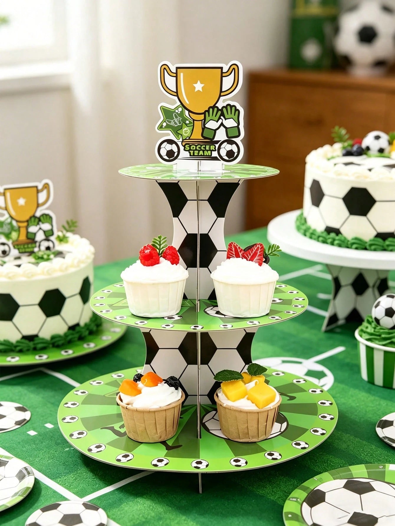 1pc 3-Tier Football Theme Cupcake Stand, Football Team Birthday Party Decor, Baby Shower Decor, World Cup Decorations, Football Birthday Party Supplies, Multi-Layer Cake Stand, Sports Party Dessert Di