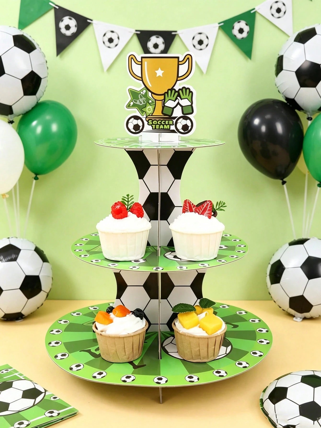 1pc 3-Tier Football Theme Cupcake Stand, Football Team Birthday Party Decor, Baby Shower Decor, World Cup Decorations, Football Birthday Party Supplies, Multi-Layer Cake Stand, Sports Party Dessert Di