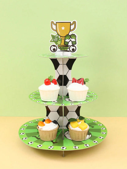 1pc 3-Tier Football Theme Cupcake Stand, Football Team Birthday Party Decor, Baby Shower Decor, World Cup Decorations, Football Birthday Party Supplies, Multi-Layer Cake Stand, Sports Party Dessert Di