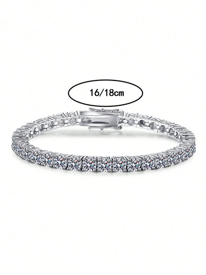 1pc 3mm High Quality Hip Hop 4-Prong Moissanite Diamond Tennis Bracelet 925 Sterling Silver Fully Iced Out, Luxury, High-End, Exquisite Jewelry, Fashion Jewelry, Wedding Engagement Gift For Brides