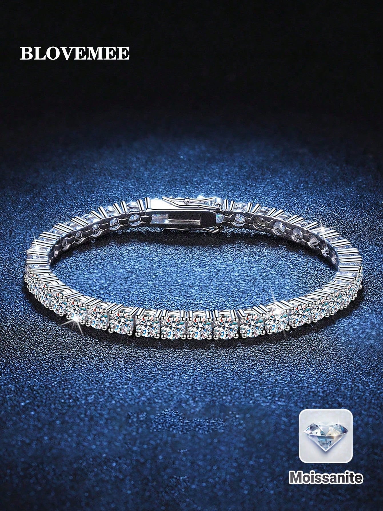 1pc 3mm High Quality Hip Hop 4-Prong Moissanite Diamond Tennis Bracelet 925 Sterling Silver Fully Iced Out, Luxury, High-End, Exquisite Jewelry, Fashion Jewelry, Wedding Engagement Gift For Brides