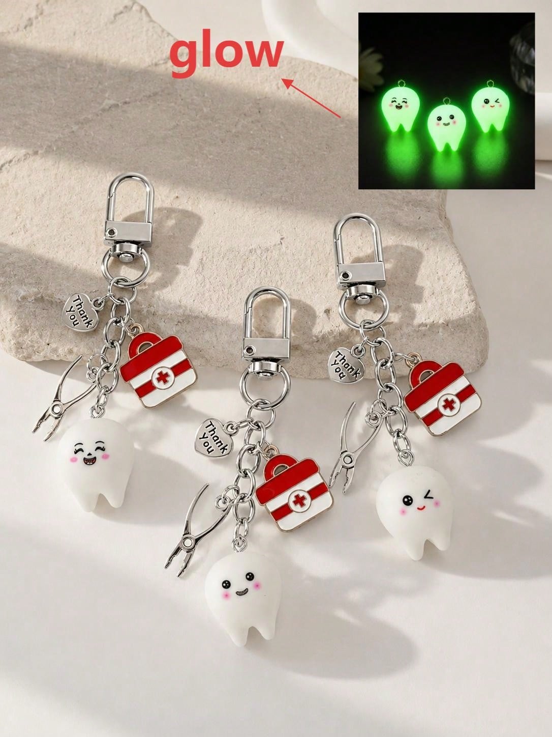 1pc/3pcs Unisex Resin Cartoon Glow-In-The-Dark Expression Teeth Pendant Medical Box Pliers English Letter Charm Keychain Creative Bag Accessory