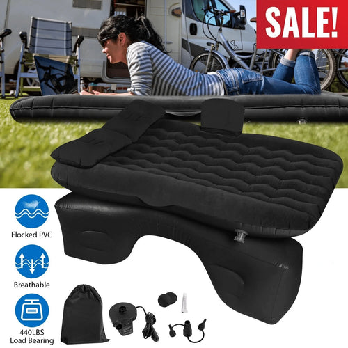 1pc 440LBS Load-Bearing Thickened Breathable Leak-Proof Flocked PVC Inflatable Car Air Mattress, Minimalist Practical Black Universal Car Back Seat Bed With 2 Pillows, Electric Air Pump, Storage Bag &