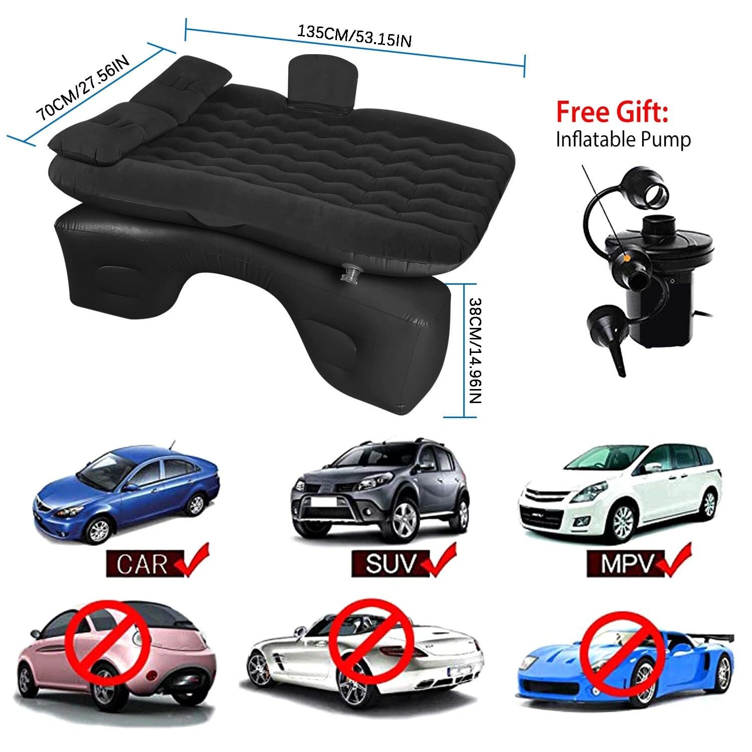1pc 440LBS Load-Bearing Thickened Breathable Leak-Proof Flocked PVC Inflatable Car Air Mattress, Minimalist Practical Black Universal Car Back Seat Bed With 2 Pillows, Electric Air Pump, Storage Bag &