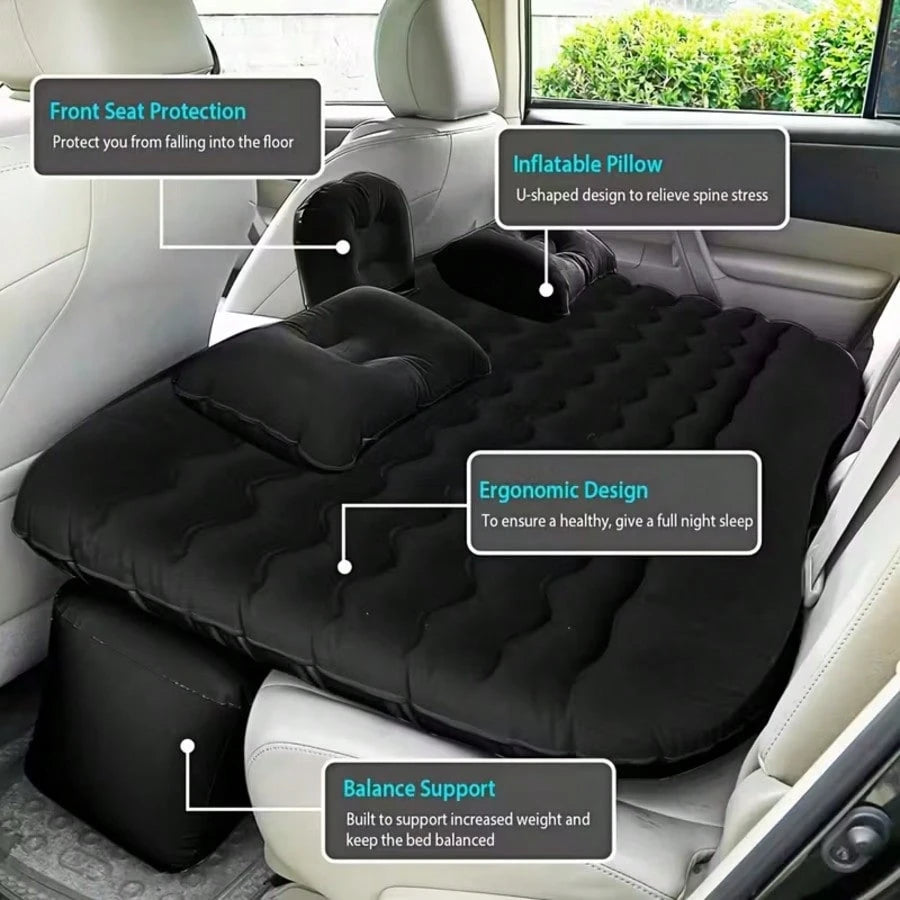 1pc 440LBS Load-Bearing Thickened Breathable Leak-Proof Flocked PVC Inflatable Car Air Mattress, Minimalist Practical Black Universal Car Back Seat Bed With 2 Pillows, Electric Air Pump, Storage Bag &