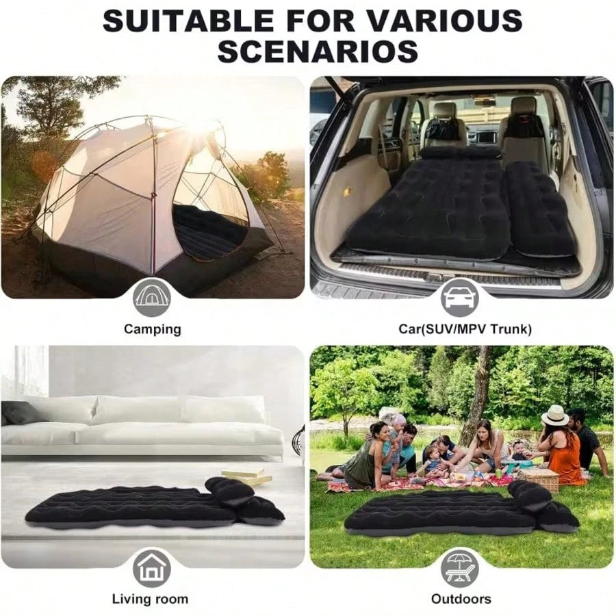 1pc 440LBS Load-Bearing Thickened Breathable Leak-Proof Flocked PVC Inflatable Car Air Mattress, Minimalist Practical Black Universal Car Back Seat Bed With 2 Pillows, Electric Air Pump, Storage Bag &