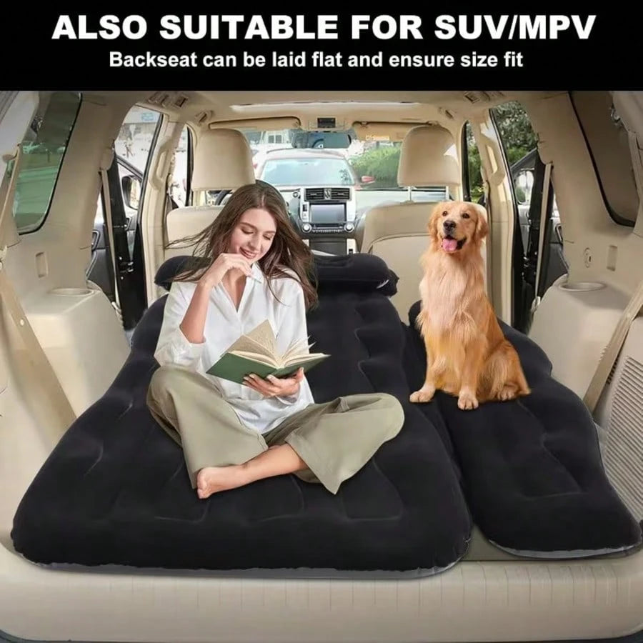 1pc 440LBS Load-Bearing Thickened Breathable Leak-Proof Flocked PVC Inflatable Car Air Mattress, Minimalist Practical Black Universal Car Back Seat Bed With 2 Pillows, Electric Air Pump, Storage Bag &