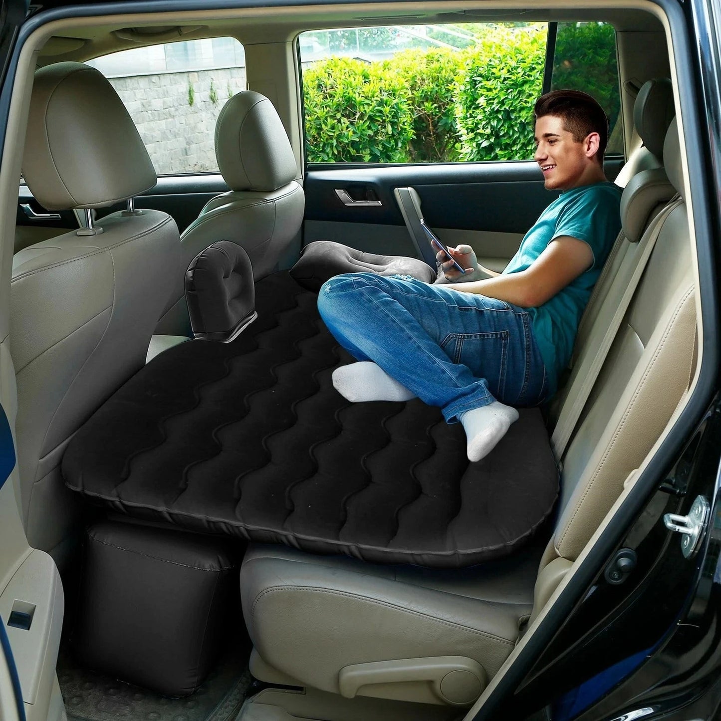 1pc 440LBS Load-Bearing Thickened Breathable Leak-Proof Flocked PVC Inflatable Car Air Mattress, Minimalist Practical Black Universal Car Back Seat Bed With 2 Pillows, Electric Air Pump, Storage Bag &