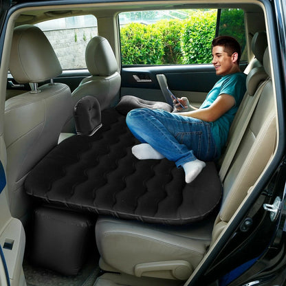 1pc 440LBS Load-Bearing Thickened Breathable Leak-Proof Flocked PVC Inflatable Car Air Mattress, Minimalist Practical Black Universal Car Back Seat Bed With 2 Pillows, Electric Air Pump, Storage Bag &