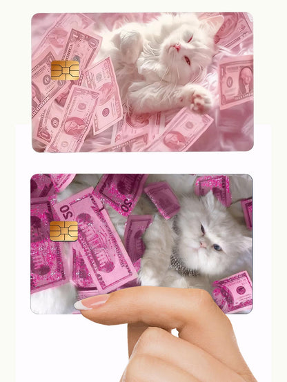 1pc/4pcs Elegant Pink Kitten Card Stickers, PVC Scratch-Resistant Durable Bank Card Skin Cover, Suitable For Credit/Debit Cards, Metro Cards, Student ID Cards, Personal Privacy Protection, Cool Decor