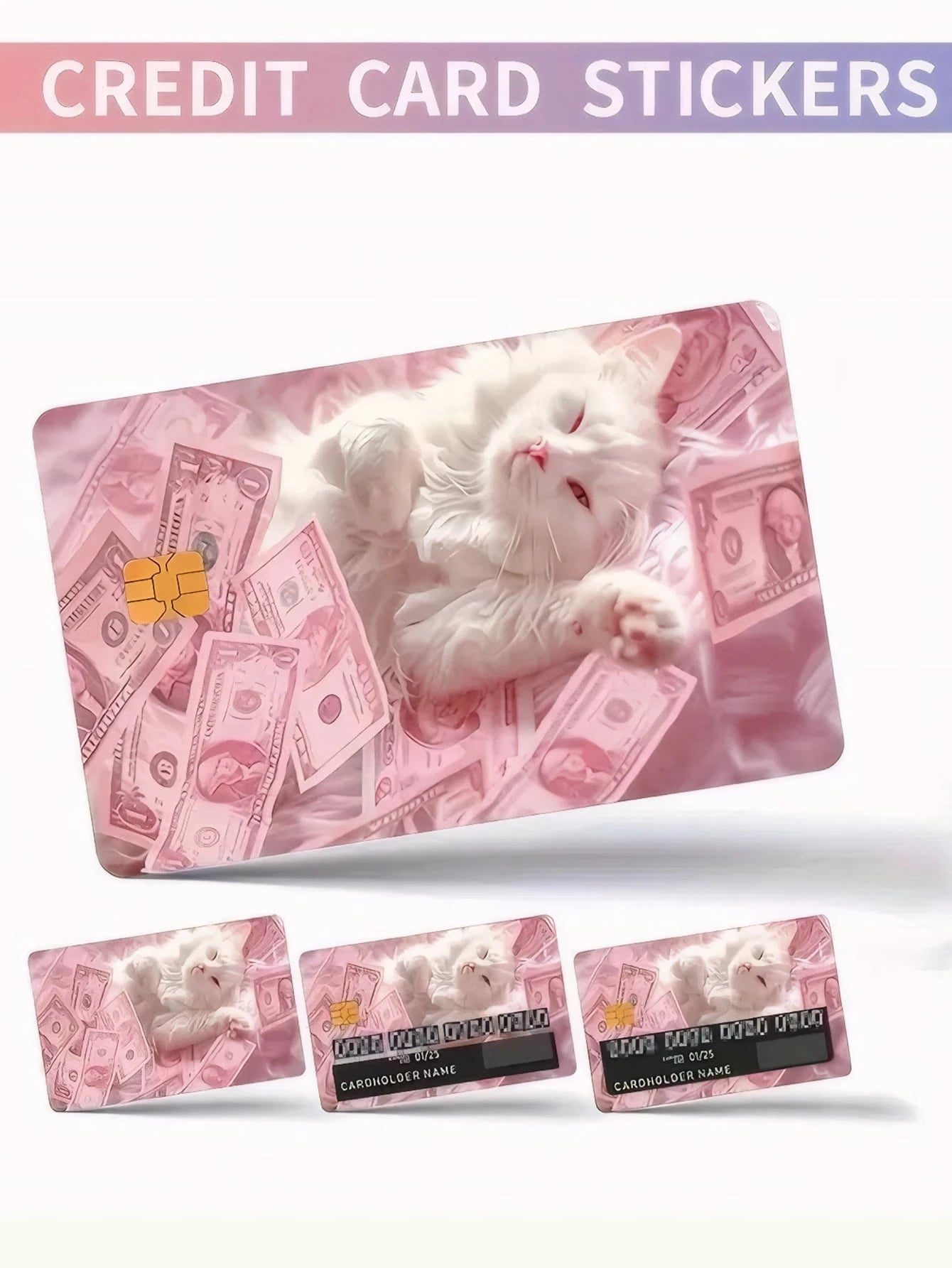 1pc/4pcs Elegant Pink Kitten Card Stickers, PVC Scratch-Resistant Durable Bank Card Skin Cover, Suitable For Credit/Debit Cards, Metro Cards, Student ID Cards, Personal Privacy Protection, Cool Decor