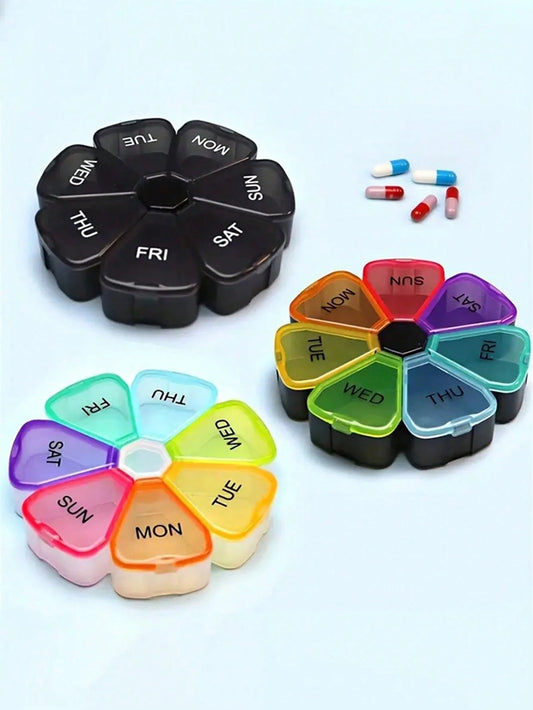1pc 7-Day 7-Compartment Large Capacity PP Pill Box, Portable One-Time-A-Day Travel Pill/Vitamin/Fish Oil Organizer, Petal Shaped Transparent 7-Color Pill Case, Medicine Storage Box