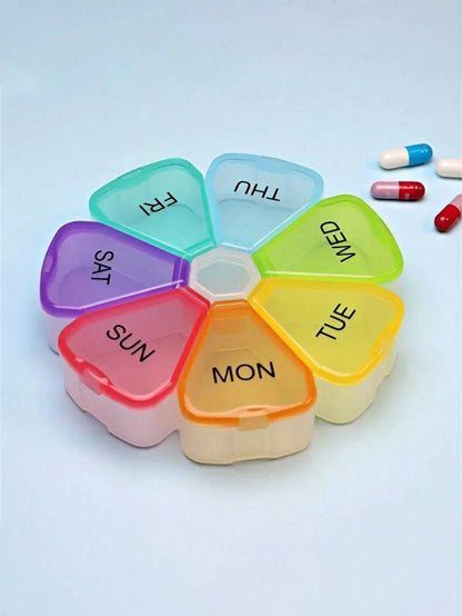 1pc 7-Day 7-Compartment Large Capacity PP Pill Box, Portable One-Time-A-Day Travel Pill/Vitamin/Fish Oil Organizer, Petal Shaped Transparent 7-Color Pill Case, Medicine Storage Box
