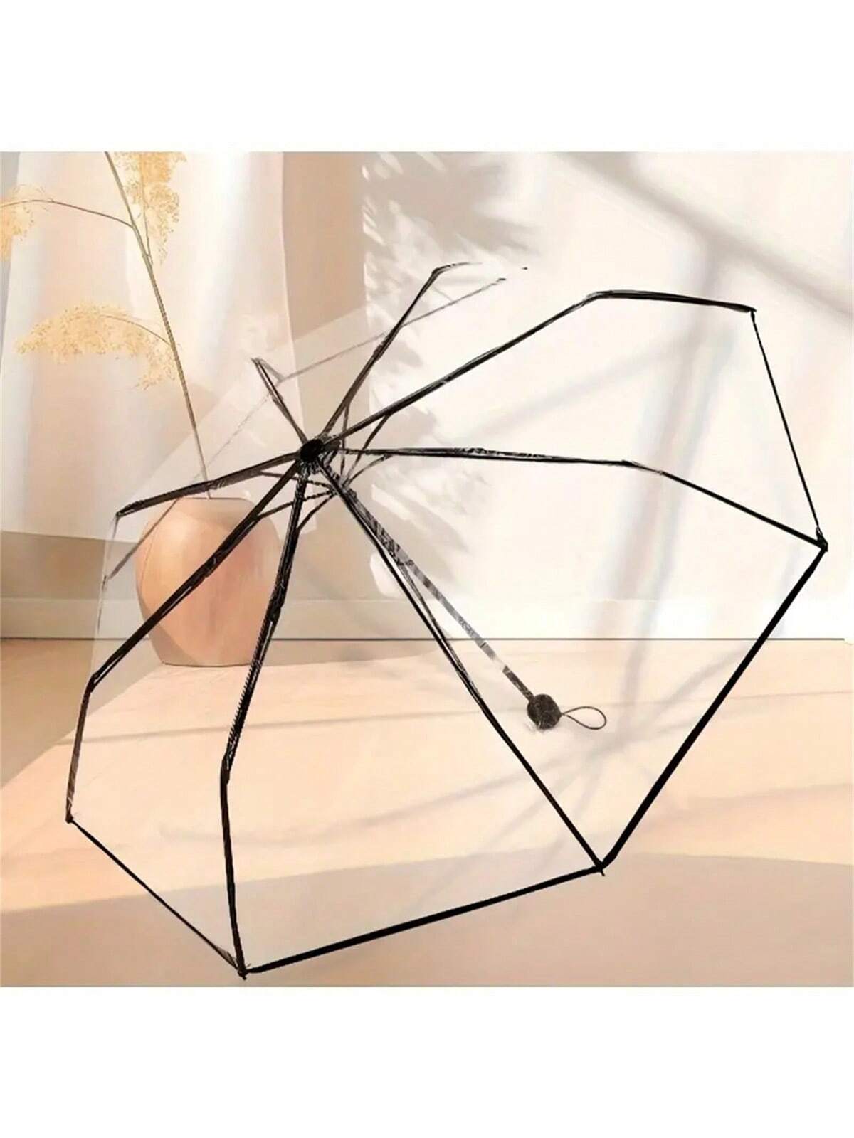 1pc 8-Rib Thickened PVC Transparent Folding Umbrella, Outdoor Photography Travel 3-Fold Umbrella, Suitable For School, Office, Home, Travel