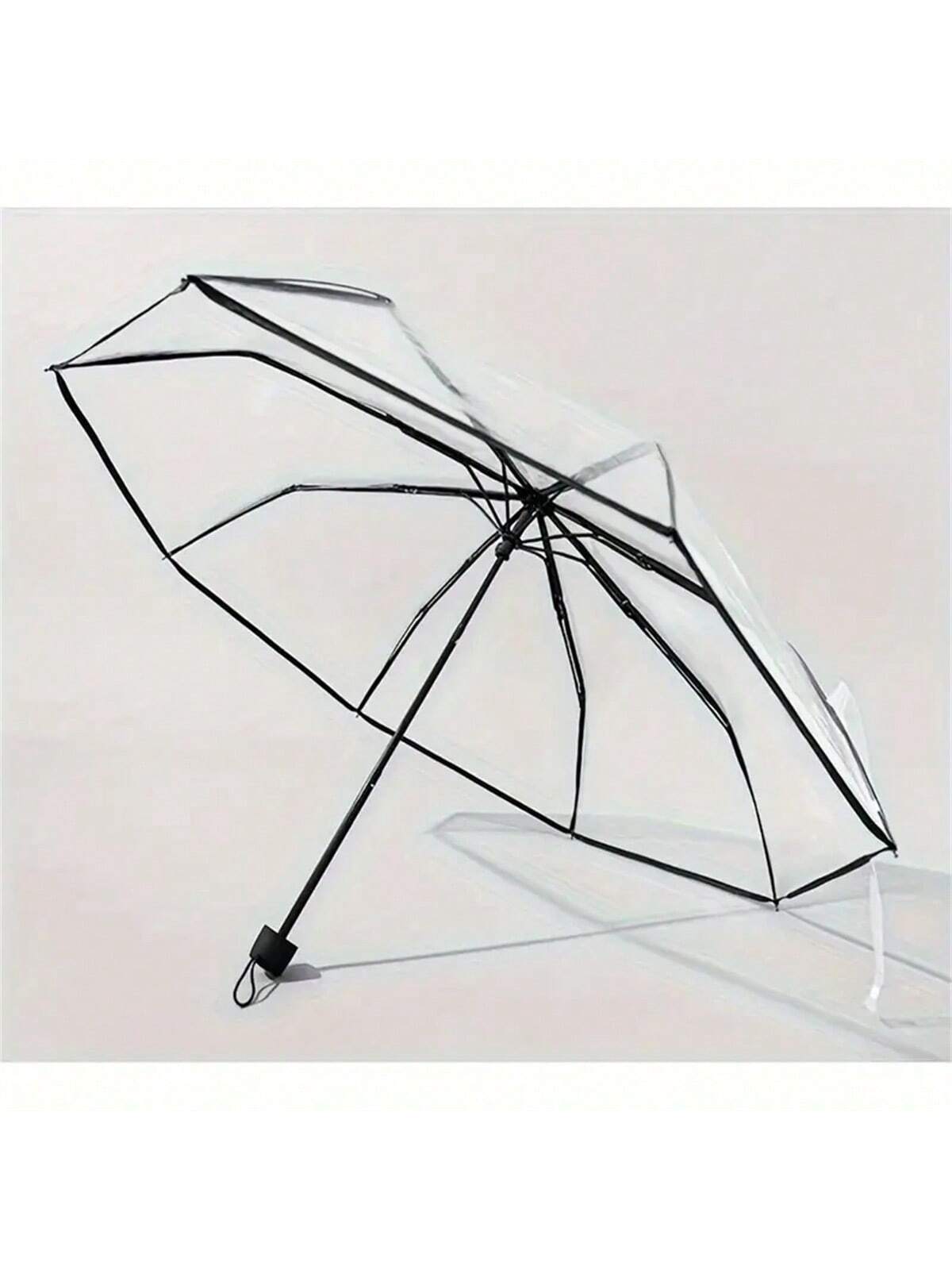 1pc 8-Rib Thickened PVC Transparent Folding Umbrella, Outdoor Photography Travel 3-Fold Umbrella, Suitable For School, Office, Home, Travel