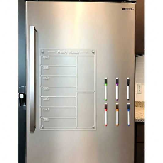 1pc Acrylic Stand White & Black Weekly Planner, Magnetic Acrylic Refrigerator Calendar, Dry Erase Reusable Weekly Meal Plan Memo Board (Includes 6 Whiteboard Markers)